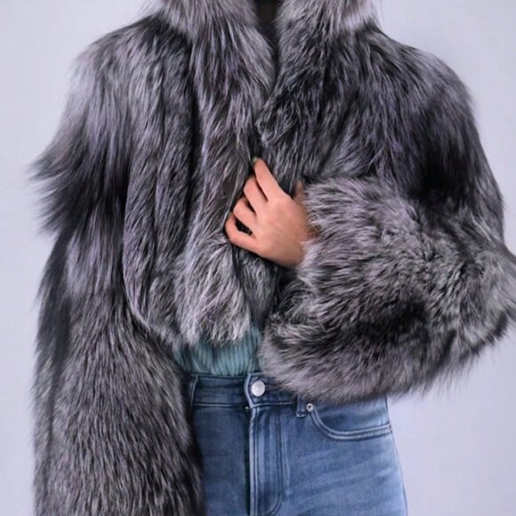 Black & White Casual Womens Faux Silver Fox Gradient Long Sleeve Faux Fur Jacket - Picture 3 of 3